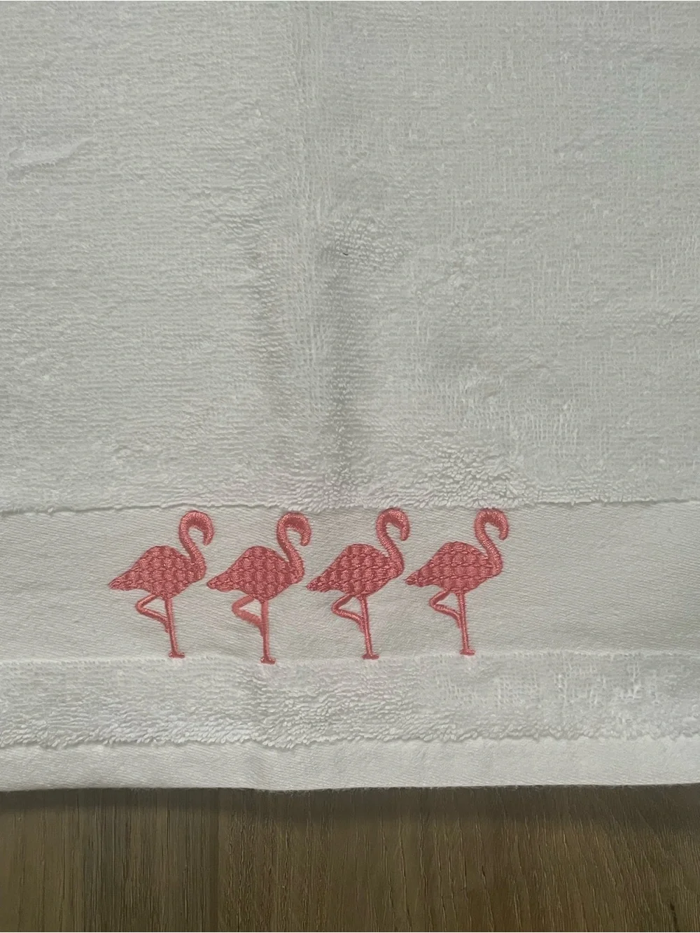 White hand Towel with Pink Flamingo Embroidery